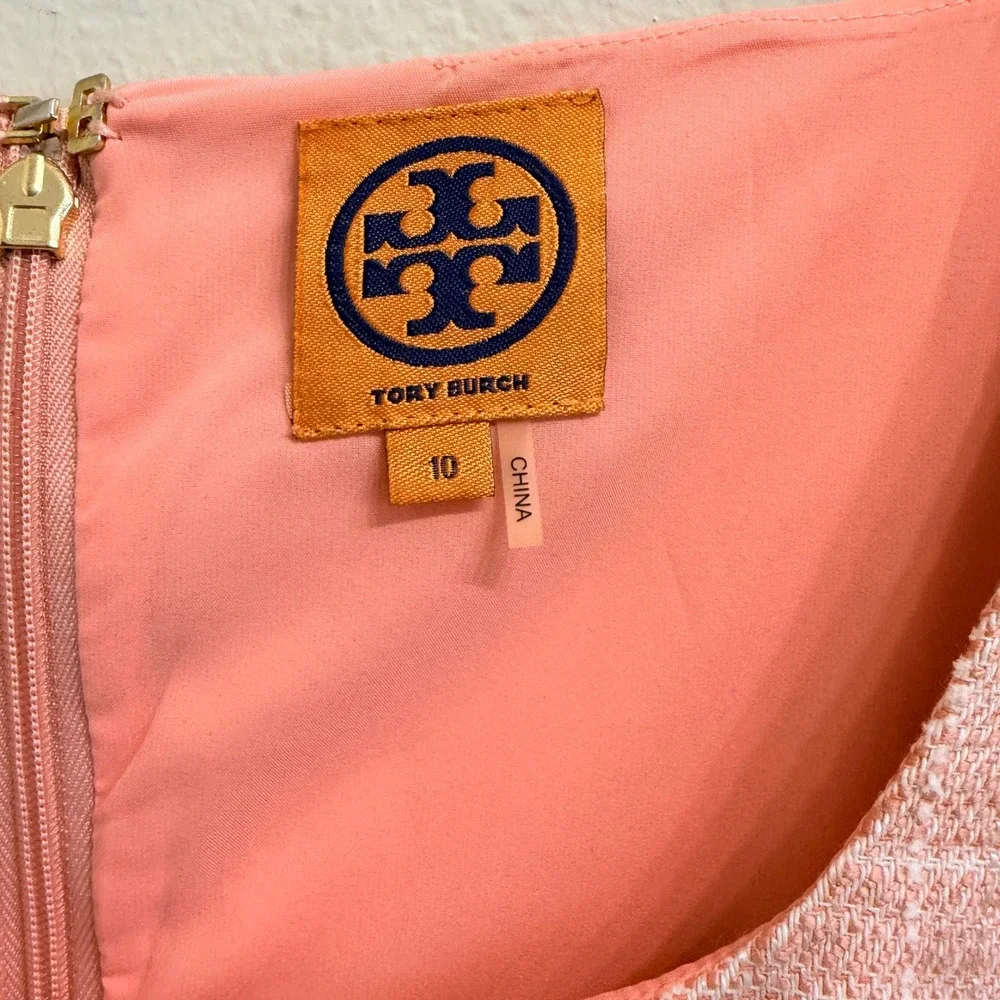 Tory Burch Tweed Sheath Dress Sleeveless Square Neck Size 10 Coral Pink